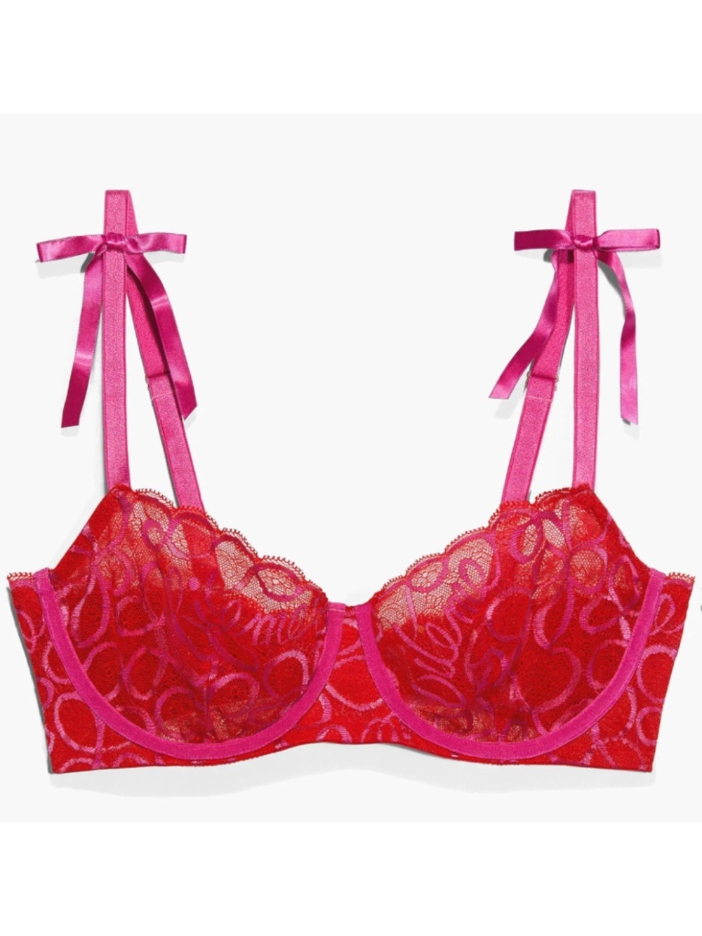 Savage Fenty RIBBON WRITING UNLINED LACE BALCONETTE BRA 34DD Red Pink